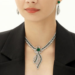 Набор 2 предмета: серьги, колье Феникс изгиб, цвет бело-изумрудный в серебре, 35 см