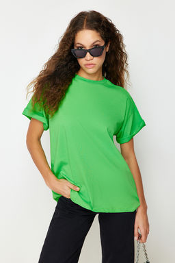Yesil %100 Pamuk Bisiklet Yaka Oversize/Genis Kal?p Orme T-Shirt TWOSS20TS0134