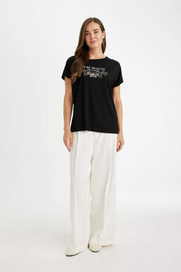 Женская черная футболка обычного кроя с круглым вырезом и блестящим принтом с короткими рукавами - Defacto фото 2