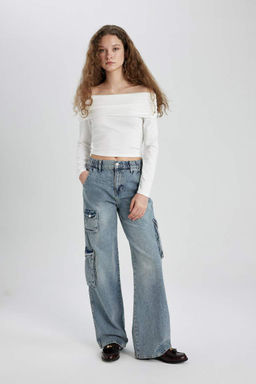 Приталенная футболка с открытыми плечами и длинными рукавами - Defacto фото 2