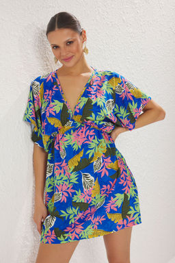 Cicek Desenli Dokuma S?rt Dekolteli Plaj Mini Elbise TBESS25EL00090