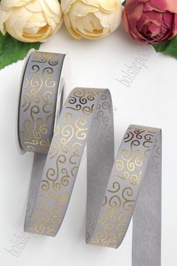 Лента репсовая 2,5 см*20 ярд "Узор" SF-5852, серый/золото №03