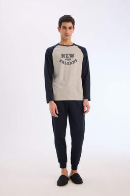 Regular Fit Pijama Tak?m? Bask?l? Uzun Kollu Ust Uzun Alt - Defacto фото 3