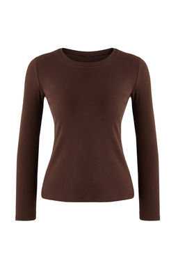 Kahverengi Fitilli Esnek Uzun Kollu Bisiklet Yaka Orme Bluz TWOAW26BZ00313