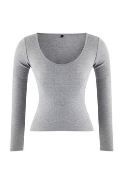 Kahverengi-Gri Melanj 2li Paket V Yaka Fitted/Vucuda Oturan Pamuklu Esnek Orme Bluz TWOAW24BZ00068