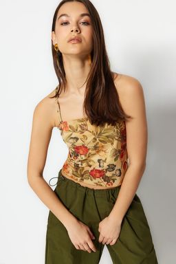 Cok Renkli Cicek Desenli Fitted/Vucuda Oturan Ask?l? Crop Astarl? Esnek Tul Orme Bluz TWOSS23BZ00710