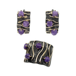 Комплект Чара-51, чароит, покрытие под бронзу, размеры кольца: 17, 18, 19, 20