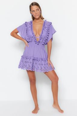 TRENDYOLMILLA Siyah Dokuma %100 Pamuk Brode Detayl? Mini Plaj Elbisesi TBESS21EL1248 фото 20