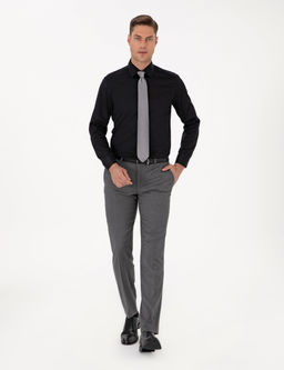 Siyah %100 Pamuk Parlak Saten Slim Fit Uzun Kollu Basic G_mlek