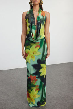 TRENDYOLMILLA Cok Renkli Cicek Desenli Orme Tul Uzun Gece Abiye Elbise TPRSS24AE00261 фото 8