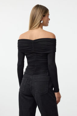 Siyah Buzgu/Drape Detayl? Dugme Detayl? Carmen Yaka Crop Orme Bluz TWOAW25BZ00240 - Trendyolmilla фото 5