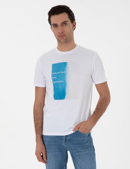 Beyaz Regular Fit Bisiklet Yaka Desenli T-shirt
