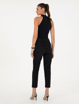 Siyah Mom Fit Geni_ Kal_p Jean Pantolon