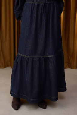 Koyu Mavi Volanl? Beli Lastikli Denim Etek TWOAW26ET00012 - Trendyolmilla фото 3