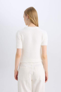 Женский крутой свитер стандартной посадки с лентой и бантом, детальный круглый вырез, короткий рукав, плюшевый трикотаж из пряжи, свитер - Defacto фото 5