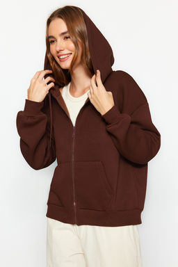 Kahverengi Oversize/Rahat Kesim Basic Kapusonlu Kal?n Ici Polarl? Orme Sweatshirt TWOAW24SW00188