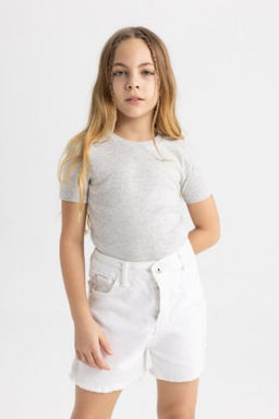 K?z Cocuk Slim Fit Dar Kesim Bisiklet Yaka Ribana Basic Duz K?sa Kollu Tisort