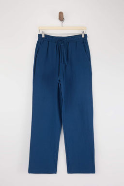 Lacivert Muslin Kumas Keten Gorunumlu Yazl?k Beli Lastikli %100 Pamuklu Pantolon TMNSS25PL00031