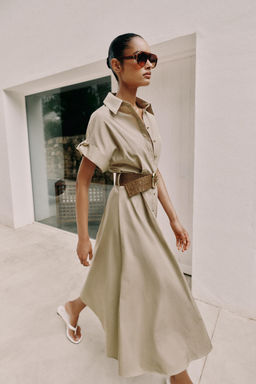 VESTIDO MIDI POPEL?N CINTUR?N / Beige claro - Zara фото 4