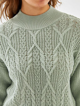 Bisiklet Yaka Kendinden Desenli Uzun Kollu Kad?n Triko Kazak