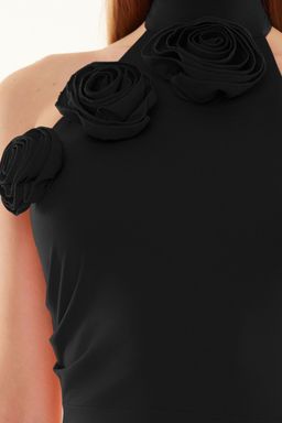 Siyah Gul Detayl? Dokuma Uzun S?k Abiye Gece Mezuniyet Elbisesi TPRSS24AE00011