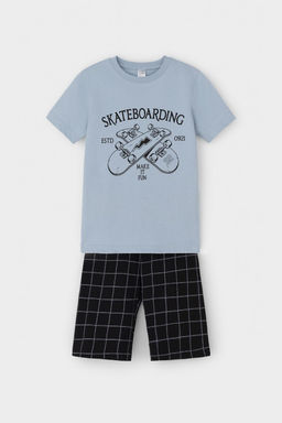 К 1528-1/пыльно-синий,двойная клетка пижама для мал