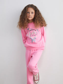 Bask?l? K?z ?ocuk Kal?n Sweatshirt ve E?ofman Alt 2li