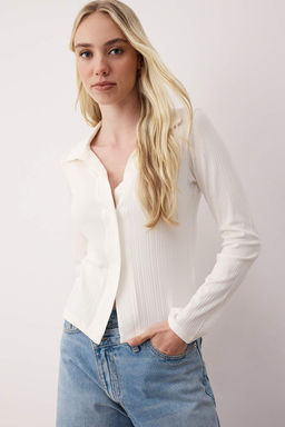 Ekru Polo Yaka Dugmeli Esnek Orme Bluz TWOAW26BZ00201 - Trendyolmilla фото 5