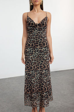 TRENDYOLMILLA Cok Renkli Vucuda Oturan Leopar Desenli Degaje Yaka Tul Dokuma S?k Elbise TPRSS24EL00285  фото 3