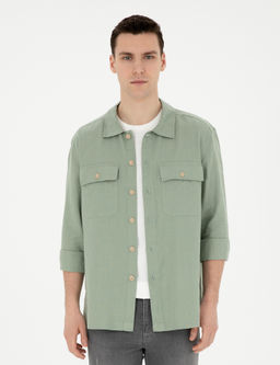 Ye_il Keten Comfort Fit Uzun Kollu G_mlek