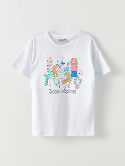 Bisiklet Yaka Bask?l? K?sa Kollu K?z ?ocuk Ti??rt ve ?ort - Waikiki фото 2