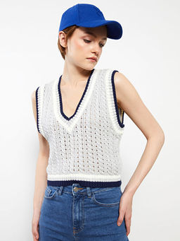 V Yaka Kendinden Desenli Kad?n Triko S?veter