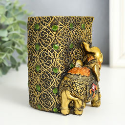 Фигурка-карандашница полистоун Слон и слонёнок в попоне с цветком, под бронзу, 8.5?9?11.5 см