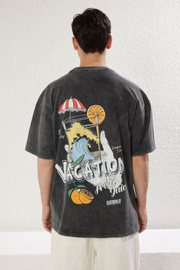 TRENDYOL MAN Antrasit Oversize/Genis Kesim Soluk Efektli Bask?l? Kal?n %100 Pamuk Tok T-shirt TMNSS25TS00015 - Trendyolmilla фото 5