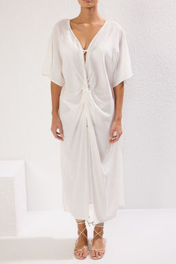 Trendyolmilla Ekru Maxi Dokuma Y?rtmacl? Buzgu Detayl? Baglamal? Plaj Elbisesi TBESS25EL00069  фото 4