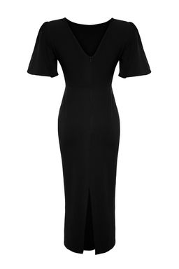 Siyah A Kesim Kolda Pili Detayl? Midi Kalem Etek Dokuma Elbise TWOSS24EL00659