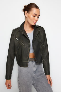 Trendyolmilla Antrasit Eskitme Detayl? Suni Deri Biker Ceket Mont TWOAW24MO00277  фото 6