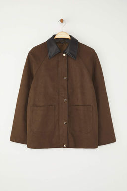 Kahverengi Regular Kal?p Yakas? Suni Deri Detayl? Suet Ince Ceket Mont TWOAW26MO00116 - Trendyolmilla фото 5