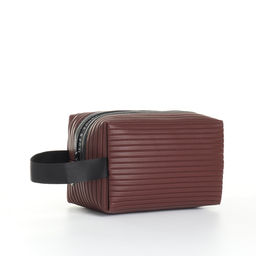 Косметичка на молнии с ручкой, объёмная, маленькая, в полоску, коричневая