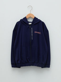 Kap??onlu Slogan Bask?l? Uzun Kollu K?z ?ocuk Fermuarl? Sweatshirt