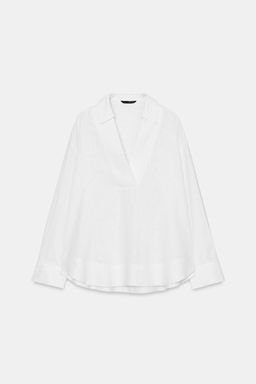 BLUSA CON LINO CUELLO POLO / Blanco - Zara фото 11