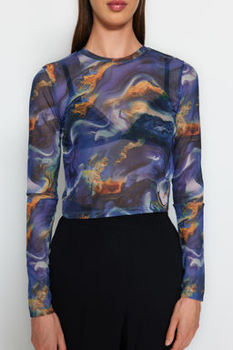 Trendyolmilla Pembe Bask?l? Tul Fitted/Vucuda Oturan Crop Esnek Orme Bluz TWOAW24BZ00030