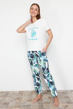 Trendyolmilla Beyaz-Cok Renkli %100 Pamuklu Cicekli Orme Pijama Tak?m? THMSS24PT00322