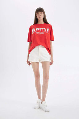 Широкая футболка Oversize с круглым вырезом и короткими рукавами с принтом - Defacto фото 2