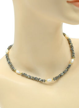 Чокер из циркона с жемчугом цв.серый, 41см