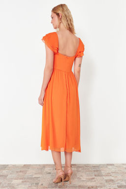 Turuncu Belden Ac?lan Sifon Astarl? Midi Dokuma Elbise TWOSS24EL00541