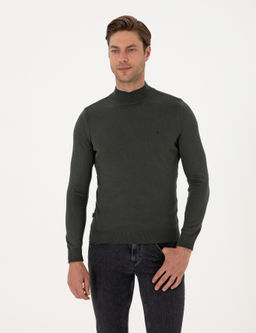 Koyu Haki Slim Fit Yar_m Bal_k__ Yaka Basic Triko Kazak