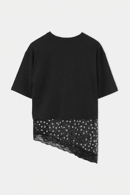 Siyah D_z Oversize/Geni_ Kal_p Puantiyeli Dantel Detayl_ _rme T-Shirt TWOSS26TS00337 - Trendyolmilla фото 7