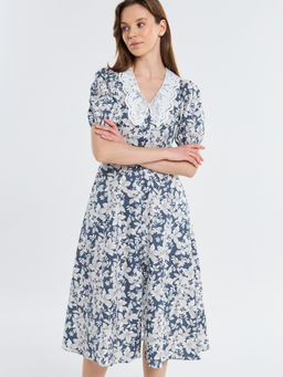 Платье из хлопка с кружевным воротником OD-948-2 белые цветы на синем