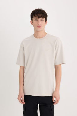 Boxy Fit Bisiklet Yaka Bask?l? K?sa Kollu Ag?r Kumas Tisort